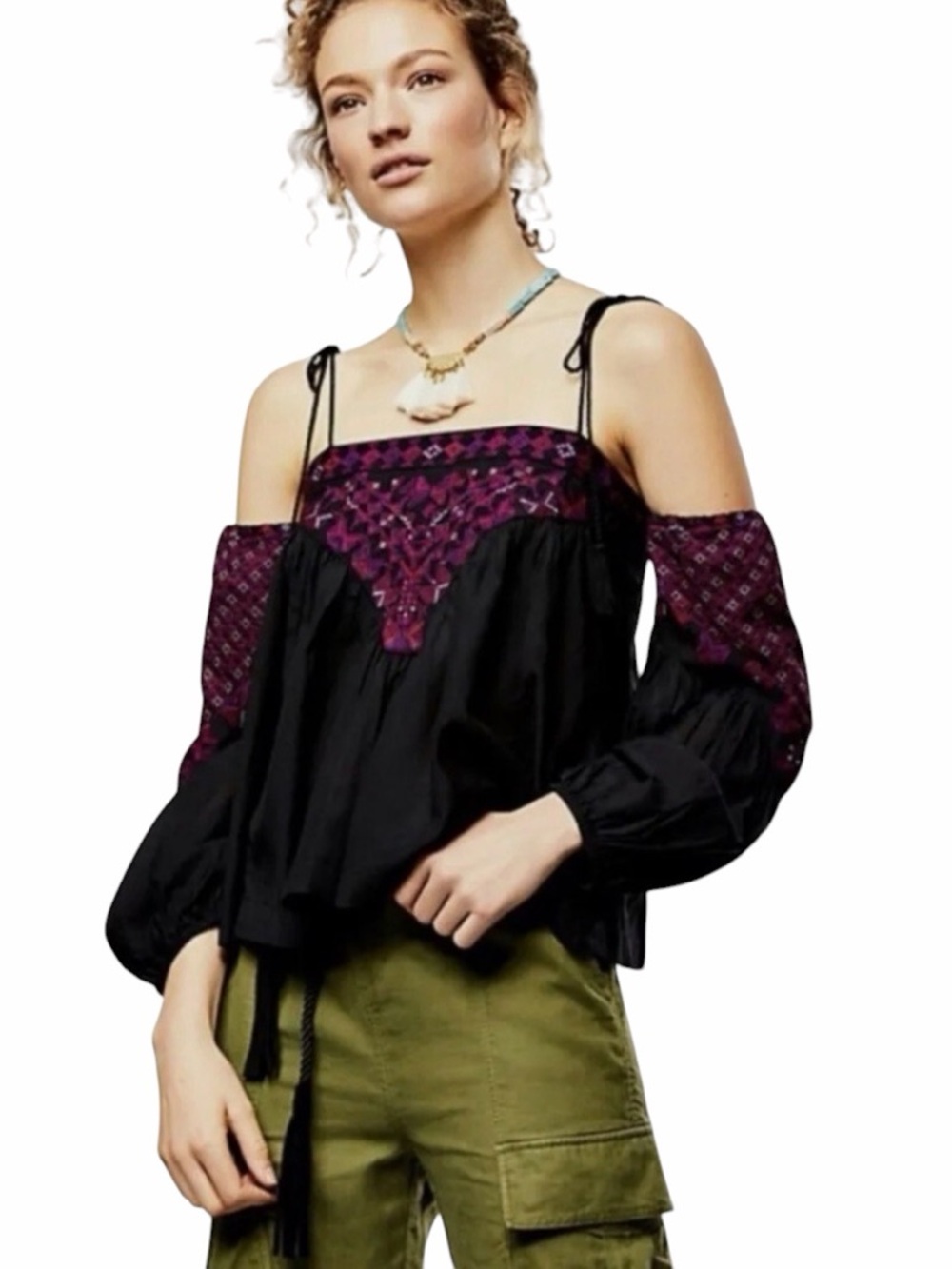 Free People "Vacay Vibin" Embroidered Cold Shoulder Boho Top Size S/M